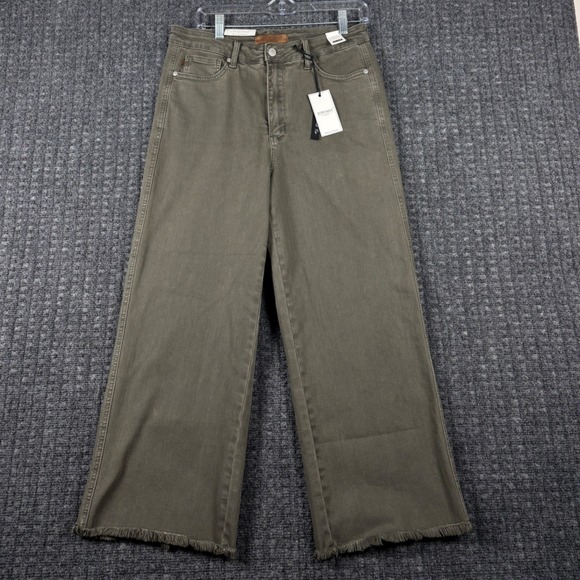 Judy Blue Denim - Judy Blue High Waist Garment Dyed Wide Leg Jeans Raw Hem 13/31 Olive Green Boho